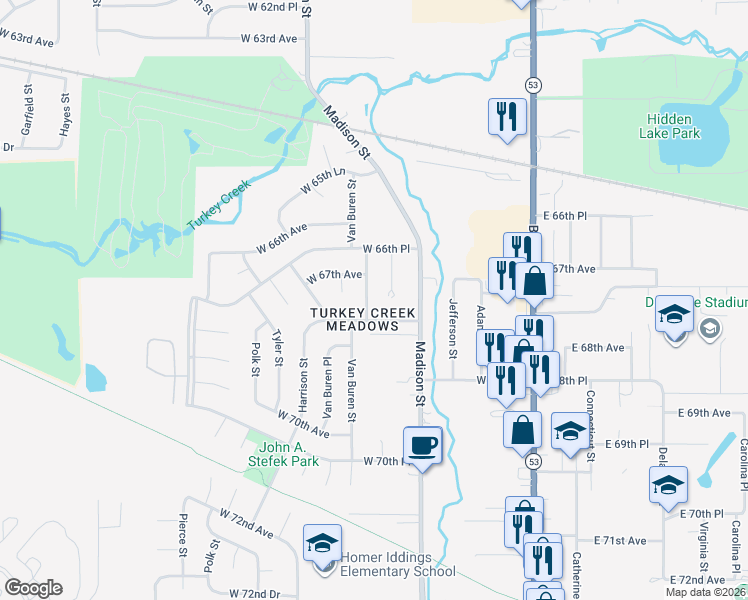 map of restaurants, bars, coffee shops, grocery stores, and more near 6726 Jackson Street in Merrillville