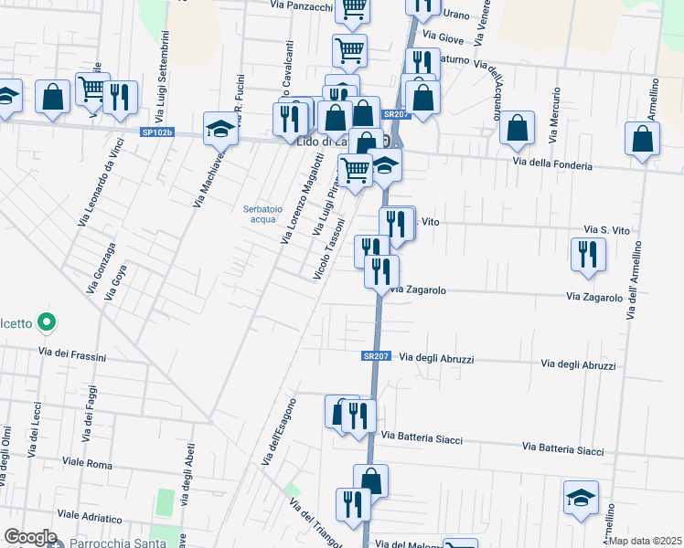 map of restaurants, bars, coffee shops, grocery stores, and more near 37 Via Massimo D'Azeglio in Anzio