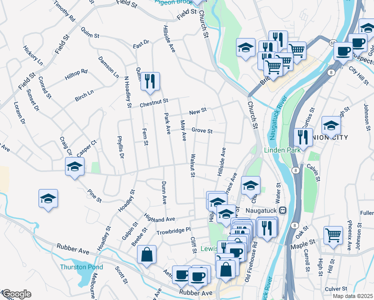 map of restaurants, bars, coffee shops, grocery stores, and more near 21 May Ave in Naugatuck
