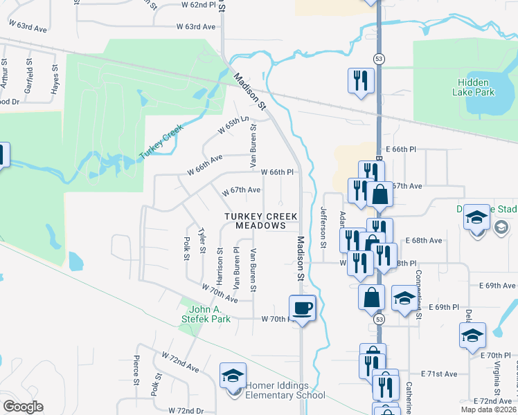 map of restaurants, bars, coffee shops, grocery stores, and more near 6726 Jackson Street in Merrillville