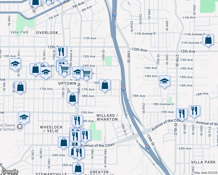 map of restaurants, bars, coffee shops, grocery stores, and more near 1626 18th Street B in Moline