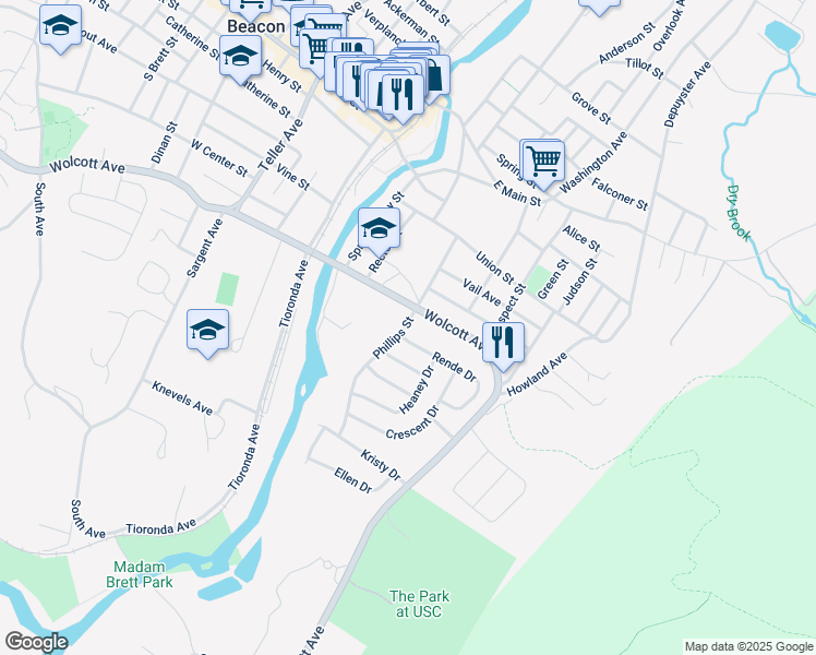 map of restaurants, bars, coffee shops, grocery stores, and more near 46 Phillips Street in Beacon