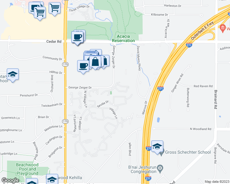 map of restaurants, bars, coffee shops, grocery stores, and more near 26650 George Zeiger Drive in Beachwood