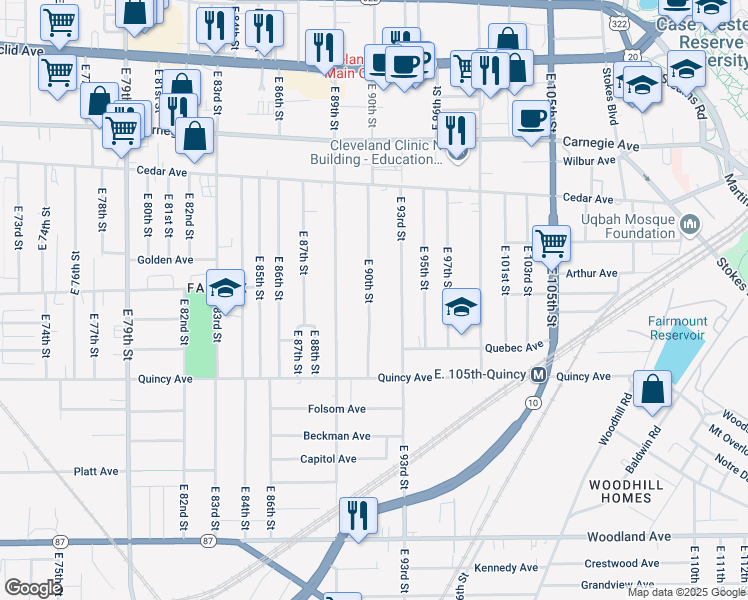 map of restaurants, bars, coffee shops, grocery stores, and more near 2291 East 90th Street in Cleveland