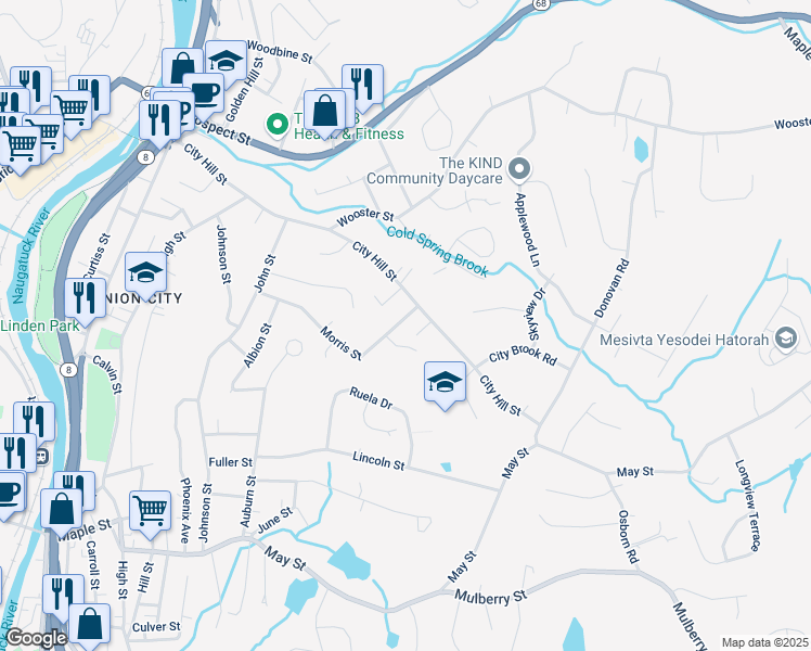 map of restaurants, bars, coffee shops, grocery stores, and more near 193 Morris Street in Naugatuck