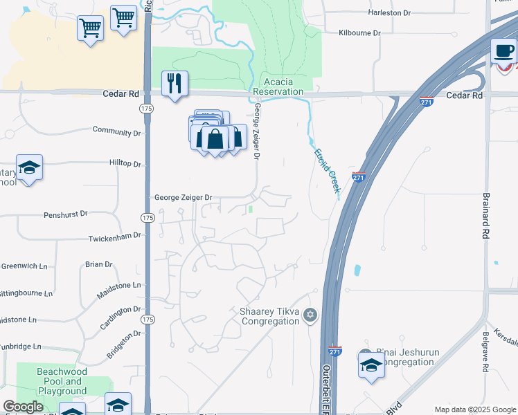 map of restaurants, bars, coffee shops, grocery stores, and more near 26650 George Zeiger Drive in Beachwood