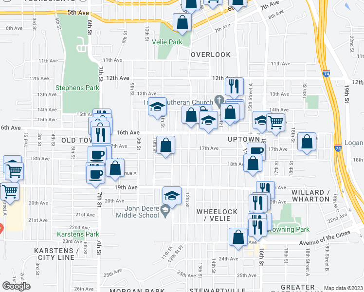 map of restaurants, bars, coffee shops, grocery stores, and more near 1117 17th Avenue in Moline