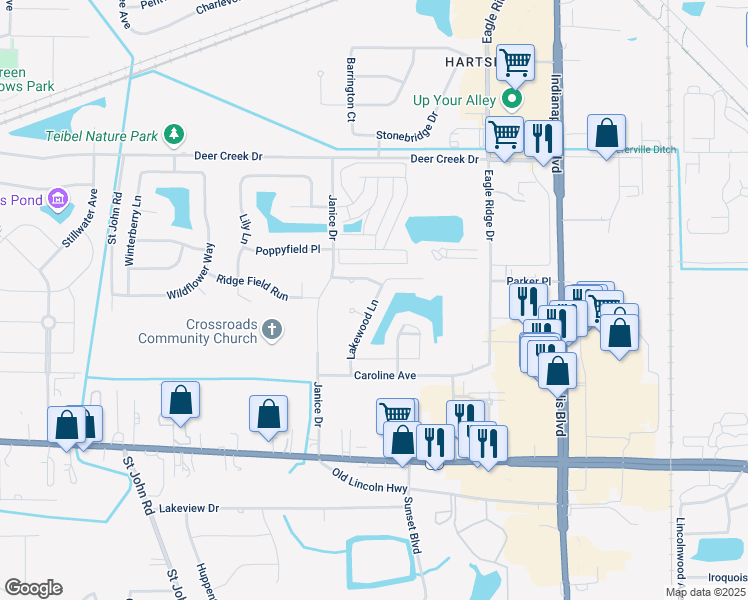 map of restaurants, bars, coffee shops, grocery stores, and more near 1455 Lakewood Lane in Schererville