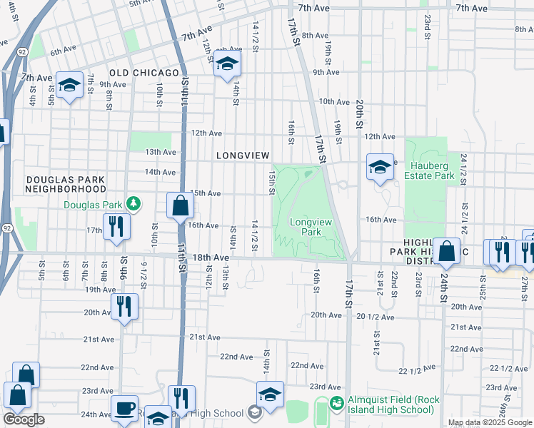 map of restaurants, bars, coffee shops, grocery stores, and more near 1526 15th Street in Rock Island