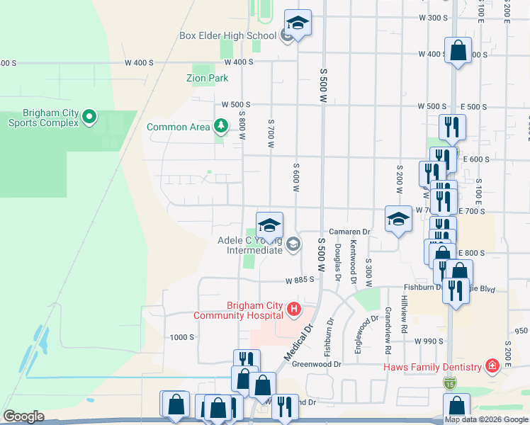 map of restaurants, bars, coffee shops, grocery stores, and more near 708 S 700 W in Brigham City