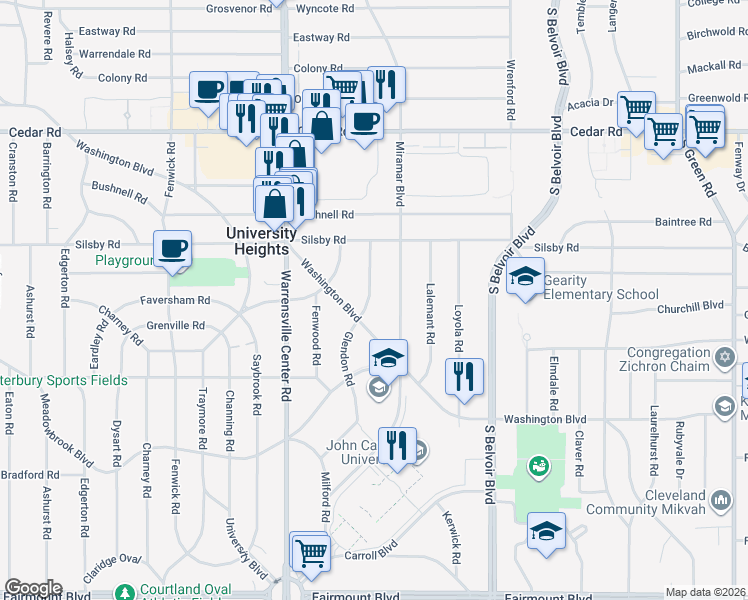 map of restaurants, bars, coffee shops, grocery stores, and more near 2335 Glendon Road in University Heights