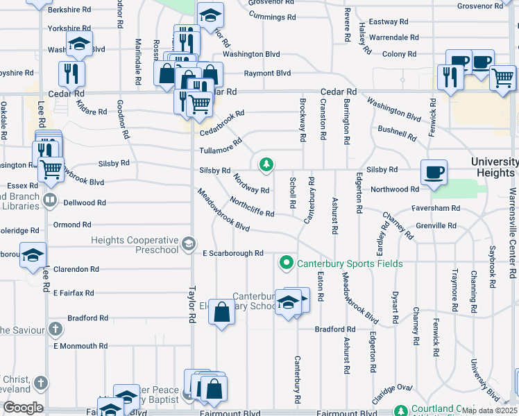 map of restaurants, bars, coffee shops, grocery stores, and more near 3551 Northcliffe Road in Cleveland Heights