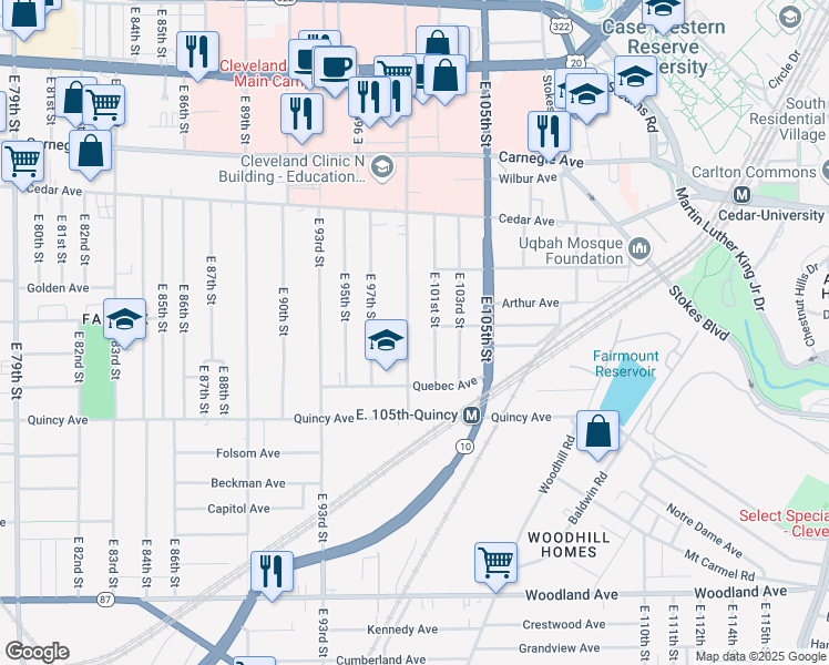 map of restaurants, bars, coffee shops, grocery stores, and more near 2283 East 100th Street in Cleveland