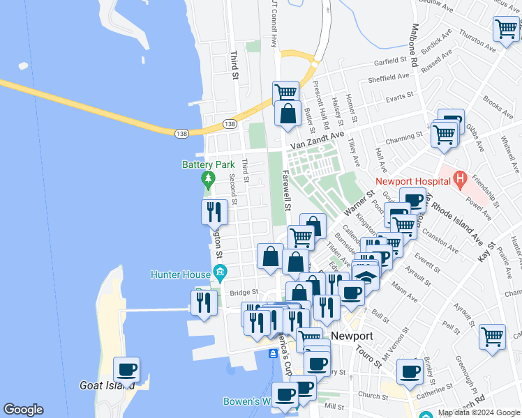 map of restaurants, bars, coffee shops, grocery stores, and more near 4 Cherry Street in Newport