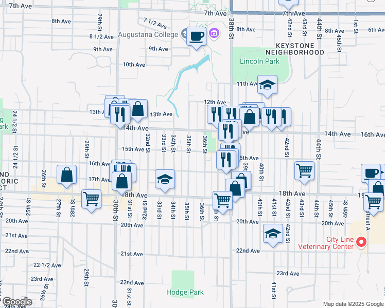 map of restaurants, bars, coffee shops, grocery stores, and more near 1501 35th Street in Rock Island