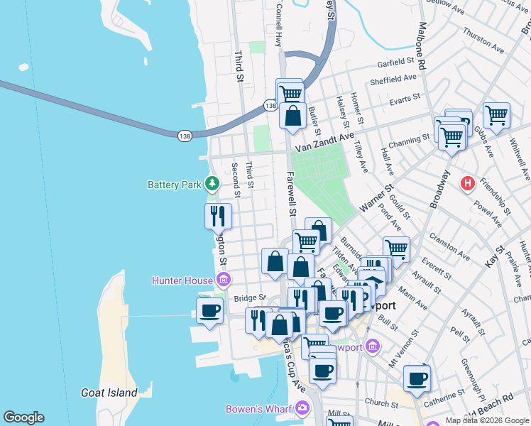 map of restaurants, bars, coffee shops, grocery stores, and more near 4 Cherry Street in Newport