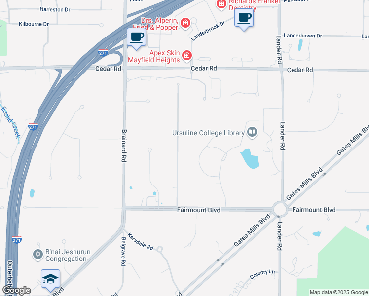 map of restaurants, bars, coffee shops, grocery stores, and more near 2555 Windy Hill Drive in Pepper Pike