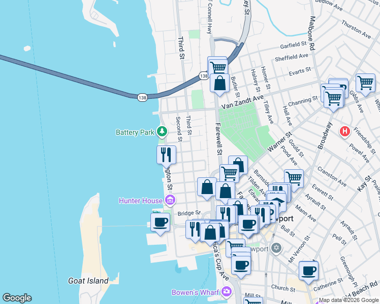 map of restaurants, bars, coffee shops, grocery stores, and more near 55 3rd Street in Newport