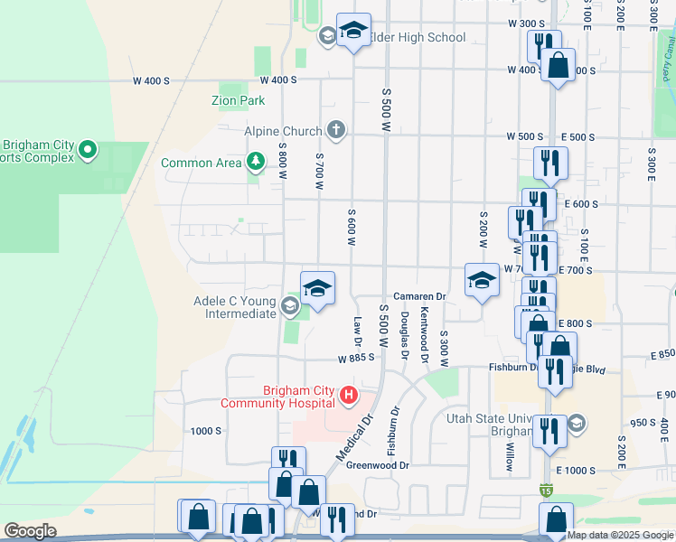 map of restaurants, bars, coffee shops, grocery stores, and more near 623 West 700 South in Brigham City