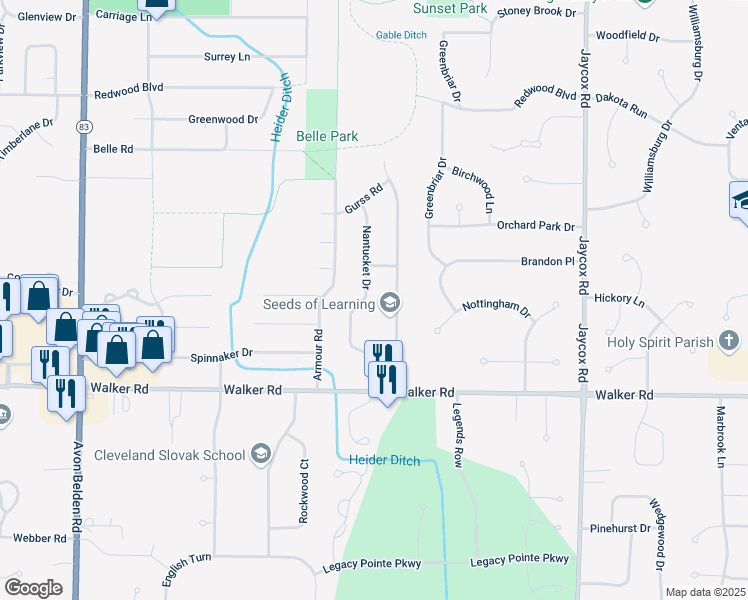 map of restaurants, bars, coffee shops, grocery stores, and more near 409 Nantucket Drive in Avon Lake