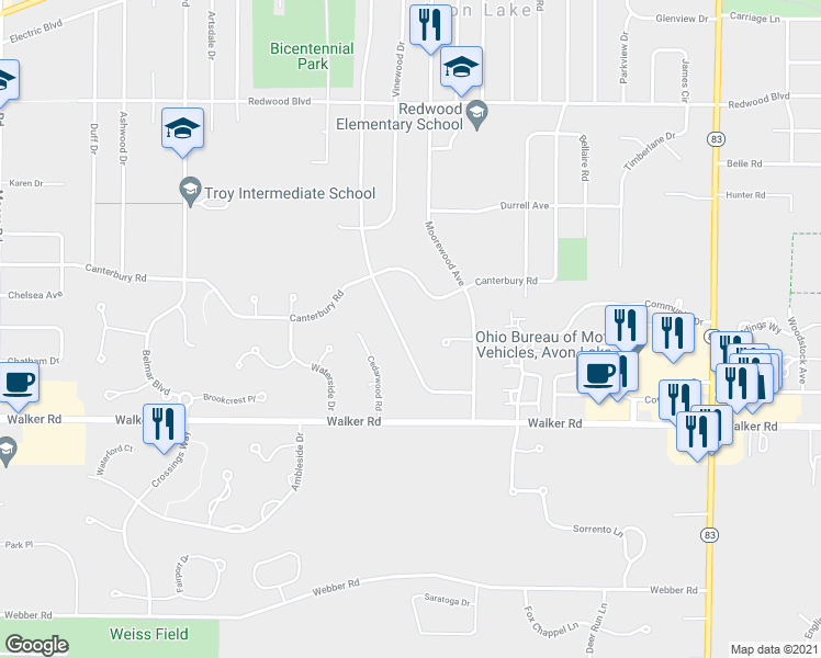 map of restaurants, bars, coffee shops, grocery stores, and more near 395 Crestwood Dr in Avon Lake