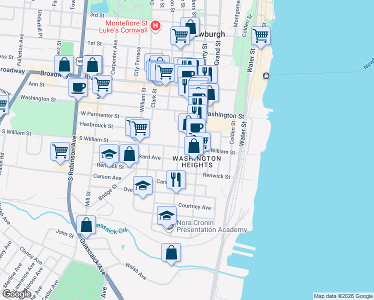 map of restaurants, bars, coffee shops, grocery stores, and more near 96 South William Street in Newburgh
