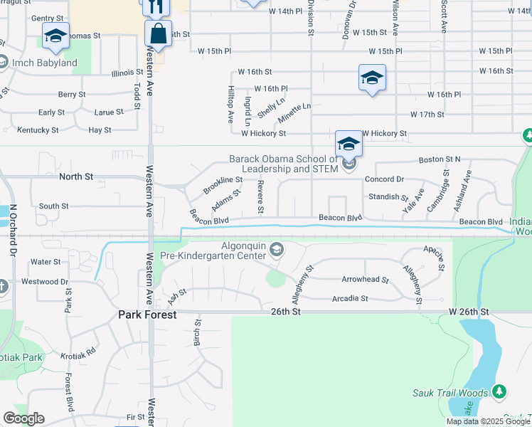 map of restaurants, bars, coffee shops, grocery stores, and more near 1955 Revere Street in Chicago Heights