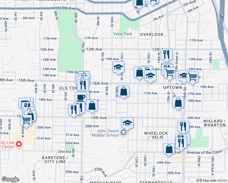 map of restaurants, bars, coffee shops, grocery stores, and more near 1621 10th Street in Moline