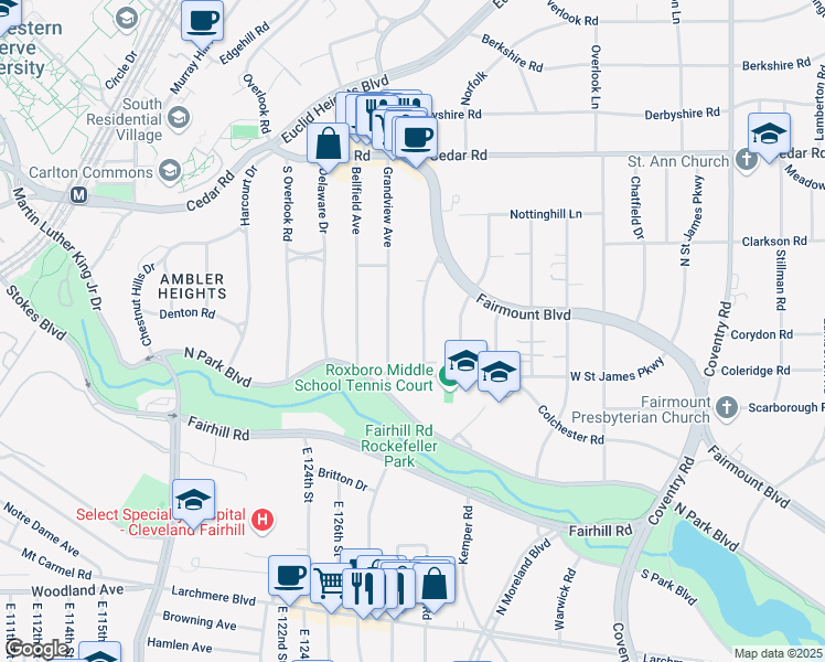 map of restaurants, bars, coffee shops, grocery stores, and more near 2330 Ardleigh Drive in Cleveland Heights