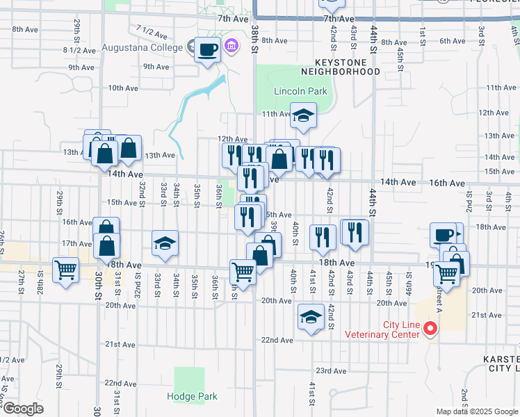map of restaurants, bars, coffee shops, grocery stores, and more near 1441 38th Street in Rock Island