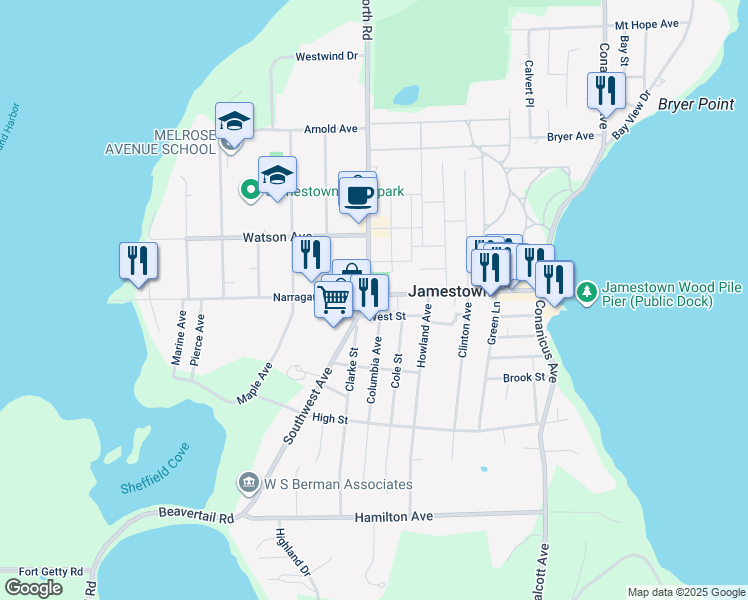 map of restaurants, bars, coffee shops, grocery stores, and more near 99 Narragansett Avenue in Jamestown