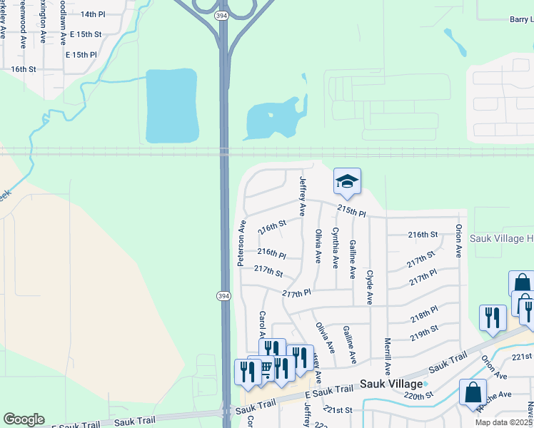 map of restaurants, bars, coffee shops, grocery stores, and more near 1612 215th Place in Sauk Village