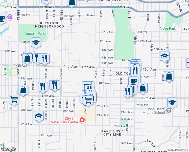 map of restaurants, bars, coffee shops, grocery stores, and more near 1701 2nd Street in Moline