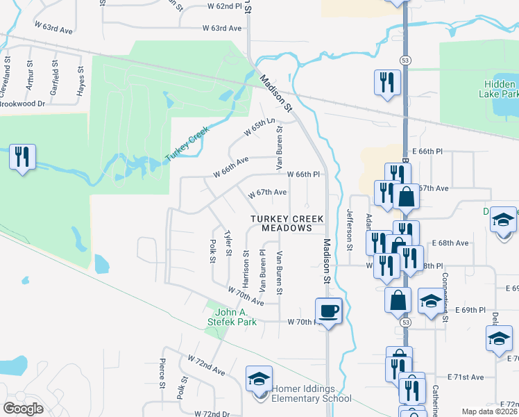 map of restaurants, bars, coffee shops, grocery stores, and more near 6735 Van Buren Place in Merrillville