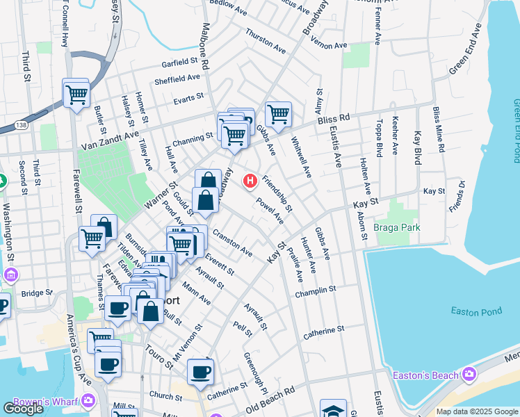 map of restaurants, bars, coffee shops, grocery stores, and more near 31 Powel Avenue in Newport