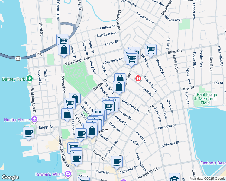 map of restaurants, bars, coffee shops, grocery stores, and more near 15 Gould Street in Newport