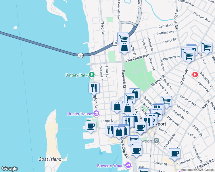 map of restaurants, bars, coffee shops, grocery stores, and more near 55 3rd Street in Newport