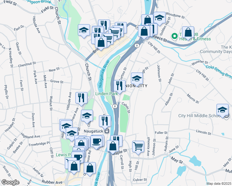 map of restaurants, bars, coffee shops, grocery stores, and more near 6 Curtiss Street in Naugatuck