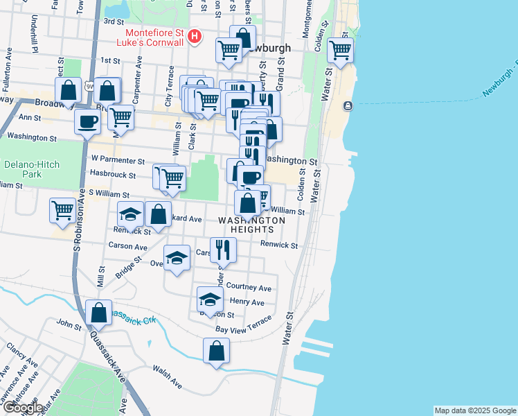 map of restaurants, bars, coffee shops, grocery stores, and more near 96 South William Street in Newburgh