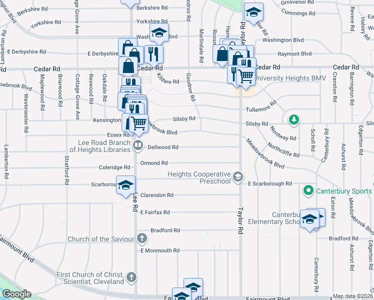 map of restaurants, bars, coffee shops, grocery stores, and more near 3306 Dellwood Road in Cleveland Heights
