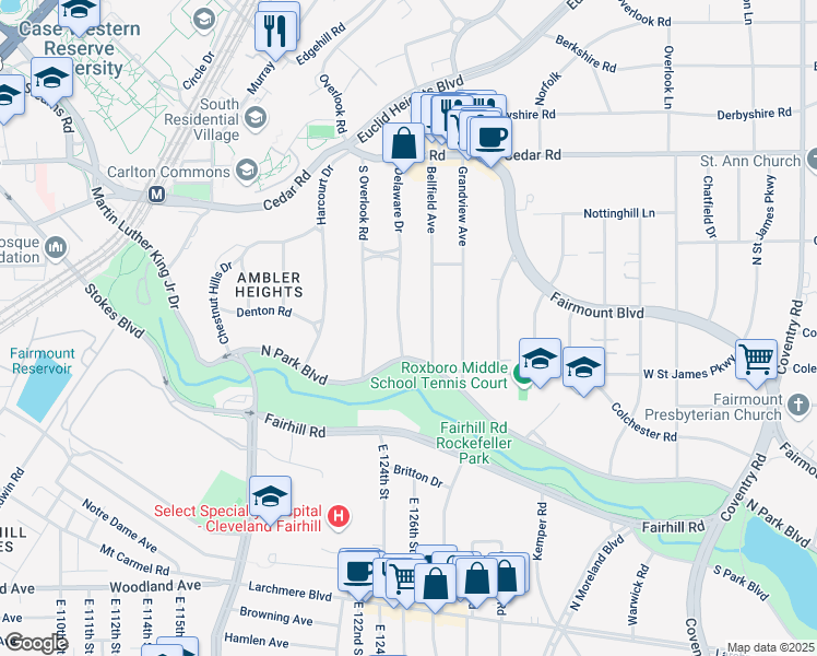 map of restaurants, bars, coffee shops, grocery stores, and more near 2331 Delaware Drive in Cleveland Heights