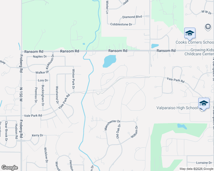 map of restaurants, bars, coffee shops, grocery stores, and more near 2061 Vale Park Road in Valparaiso