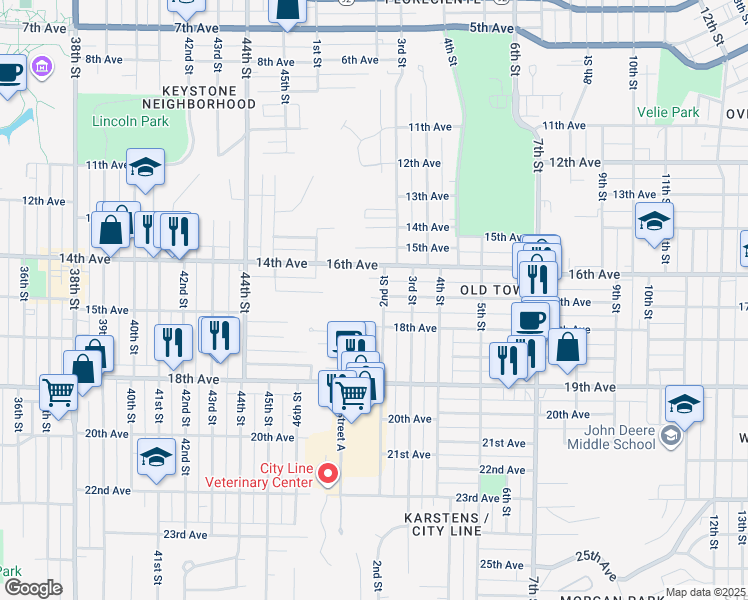 map of restaurants, bars, coffee shops, grocery stores, and more near 1701 2nd Street in Moline