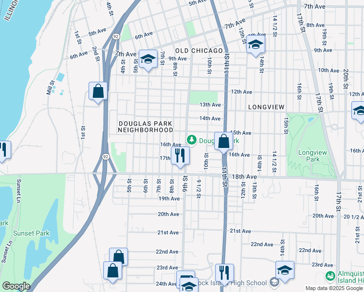 map of restaurants, bars, coffee shops, grocery stores, and more near 1600 9th Street in Rock Island