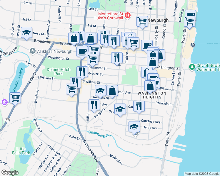 map of restaurants, bars, coffee shops, grocery stores, and more near 104 Benkard Avenue in Newburgh