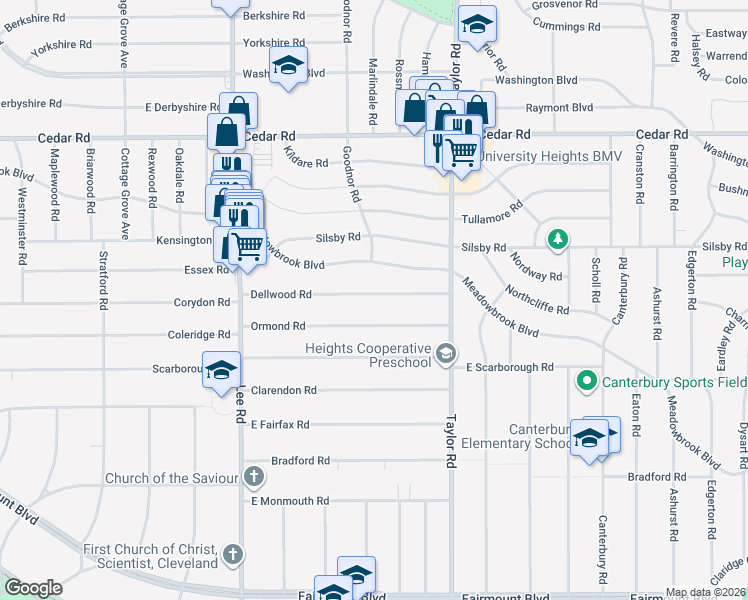 map of restaurants, bars, coffee shops, grocery stores, and more near 3352 Dellwood Road in Cleveland Heights
