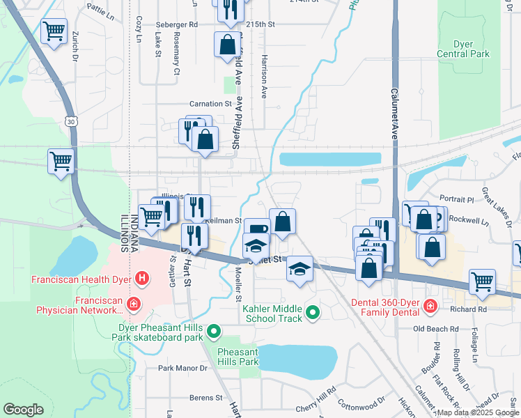 map of restaurants, bars, coffee shops, grocery stores, and more near 1934 Church Street in Dyer