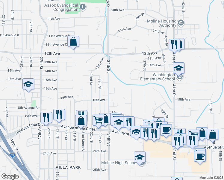 map of restaurants, bars, coffee shops, grocery stores, and more near 1622 34th Street in Moline