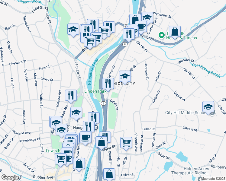 map of restaurants, bars, coffee shops, grocery stores, and more near 209 North Main Street in Naugatuck