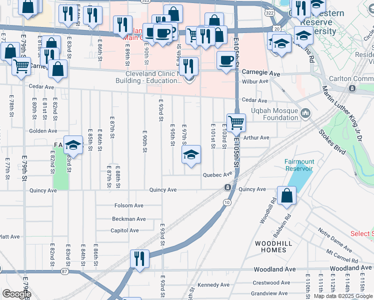 map of restaurants, bars, coffee shops, grocery stores, and more near 2283 East 97th Street in Cleveland